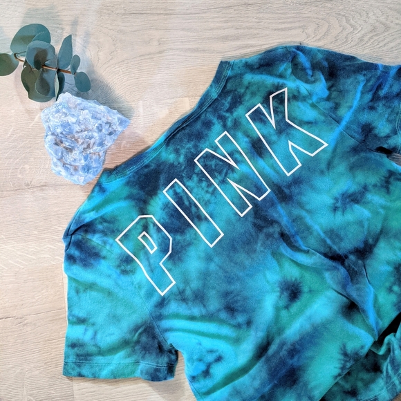VS Pink V Neck Aqua Teal Blue Tie Dye Tee Shirt - Picture 2 of 6